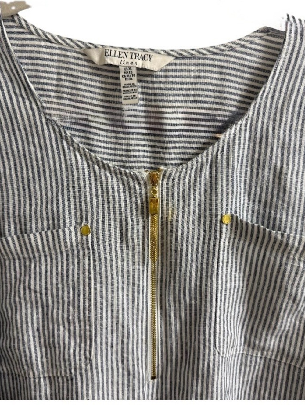 ELLEN TRACY XL 100% LINEN BLUE AND WHITE STRIPED TUNIC GOLD ZIP COASTAL Y2K TOP - Picture 7 of 12